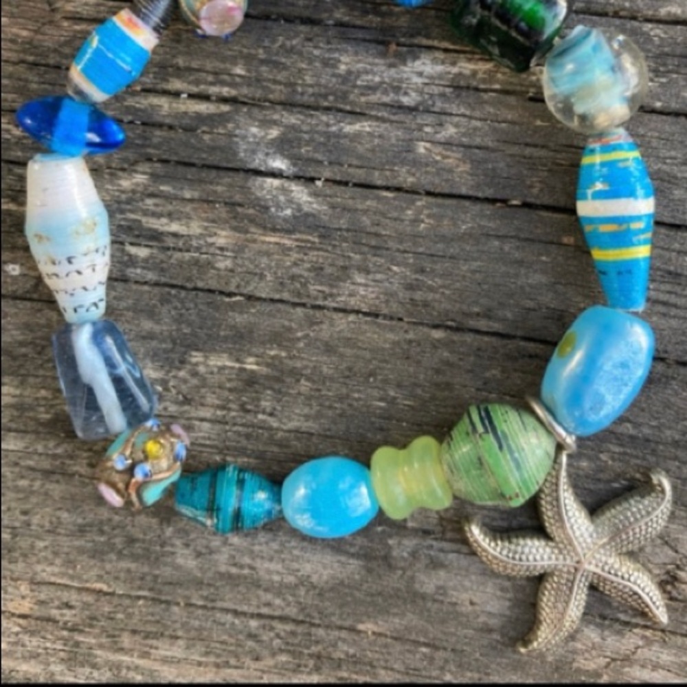 STARFISH BRACELET Stretch Silver Blue Green Beads
